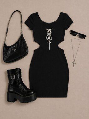 🖤 Black Rhinestone Lace-Up Cutout Mini Dress 🖤